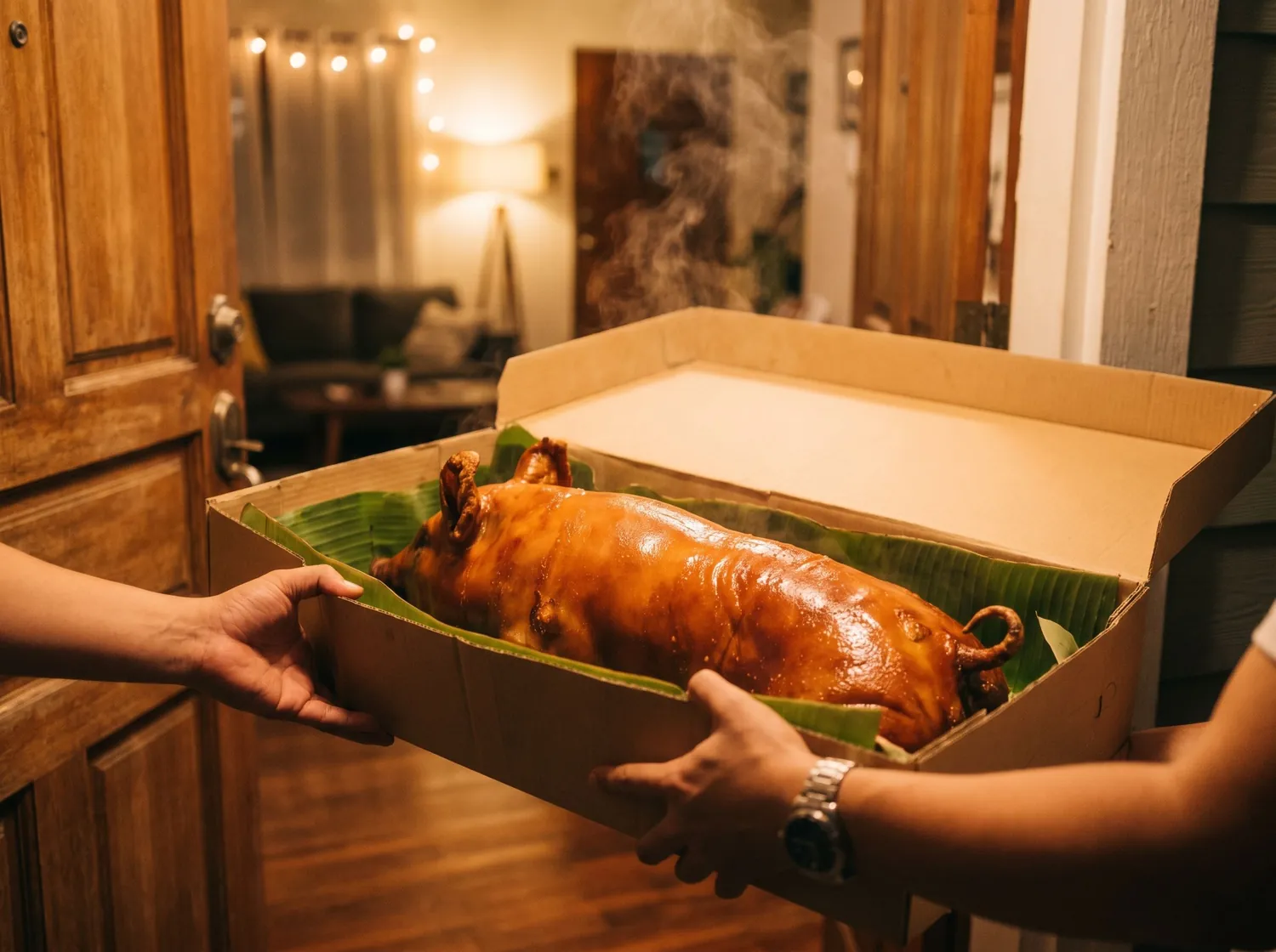 A boxed Cebu lechon delivered to a home in southern Metro Manila