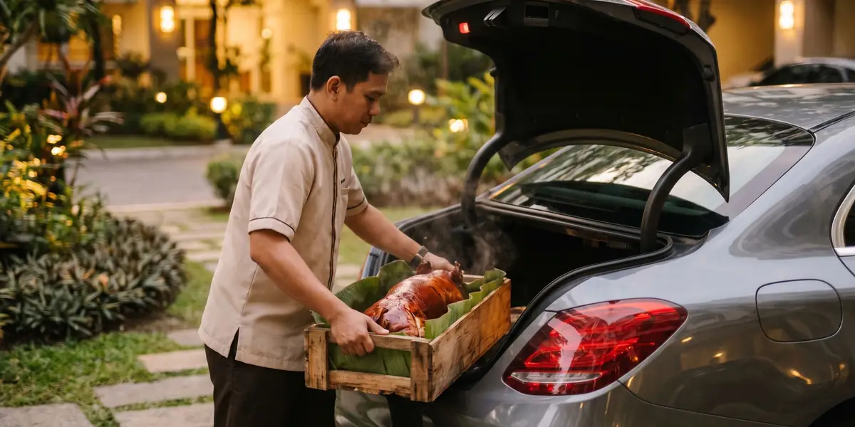 Loading a Cebu lechon order into a car for delivery across Metro Manila