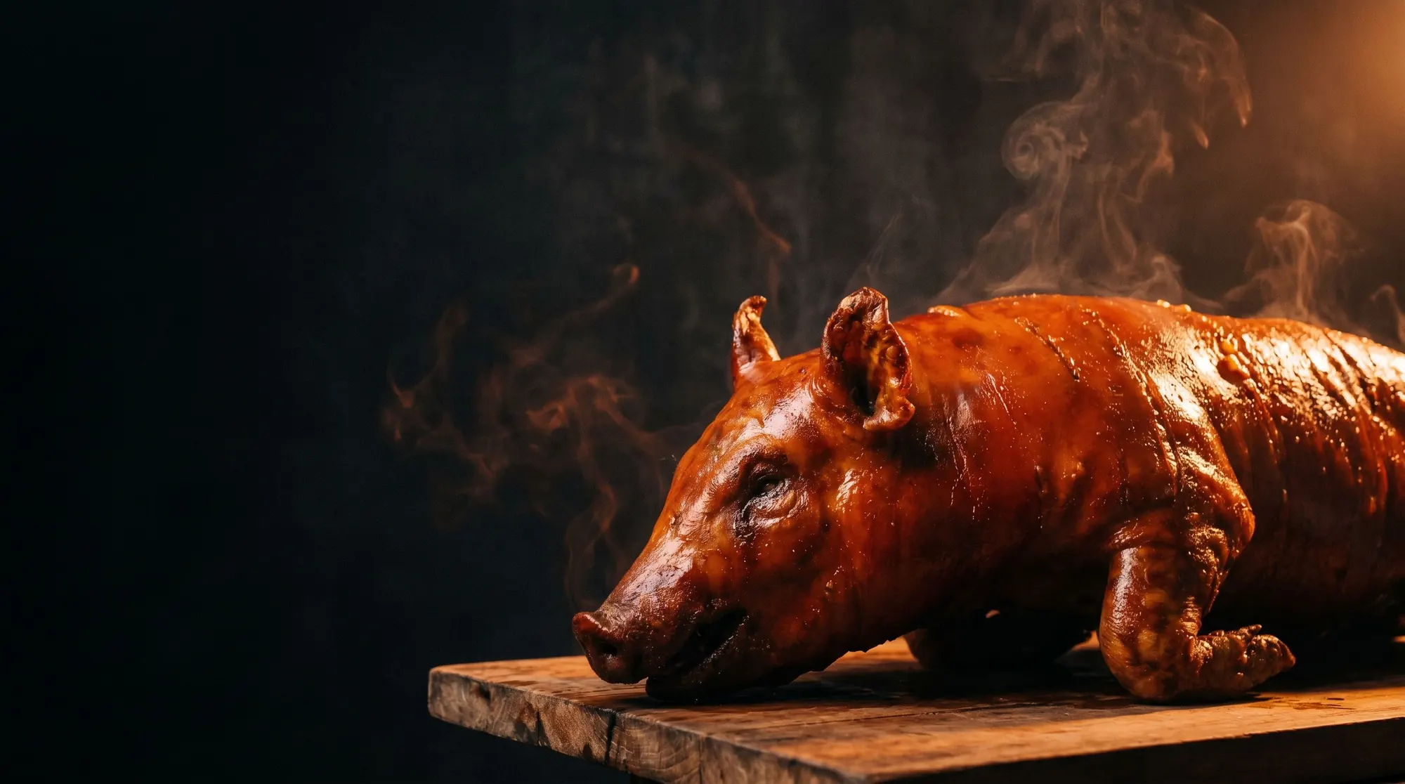 A whole Cebu lechon with glossy, deep-amber crackling skin and rising steam against a dark background